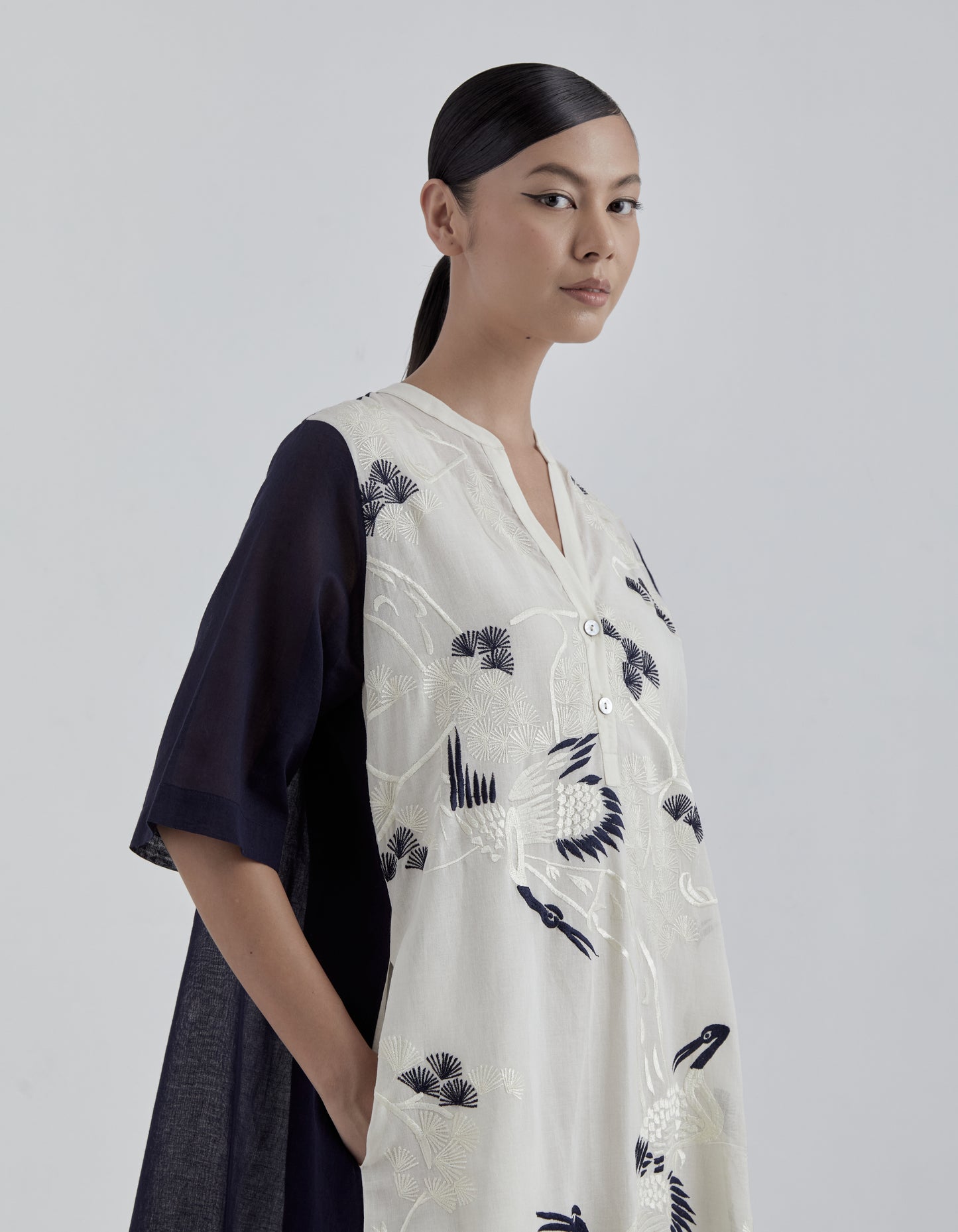 Ecru Indigo Bird Motif Tunic