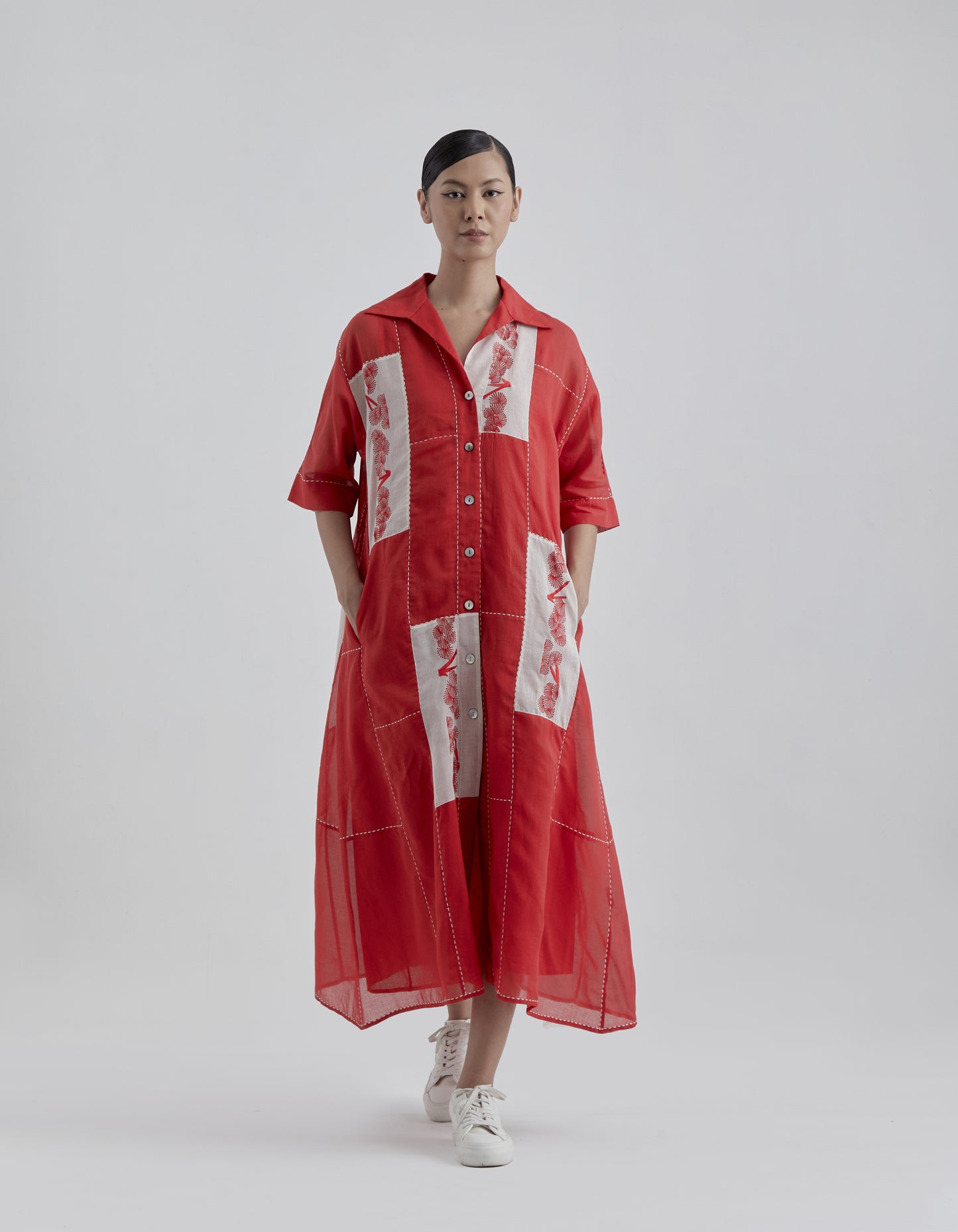 Crimson Ecru Contrast Flat Stitch Patchwork Dress