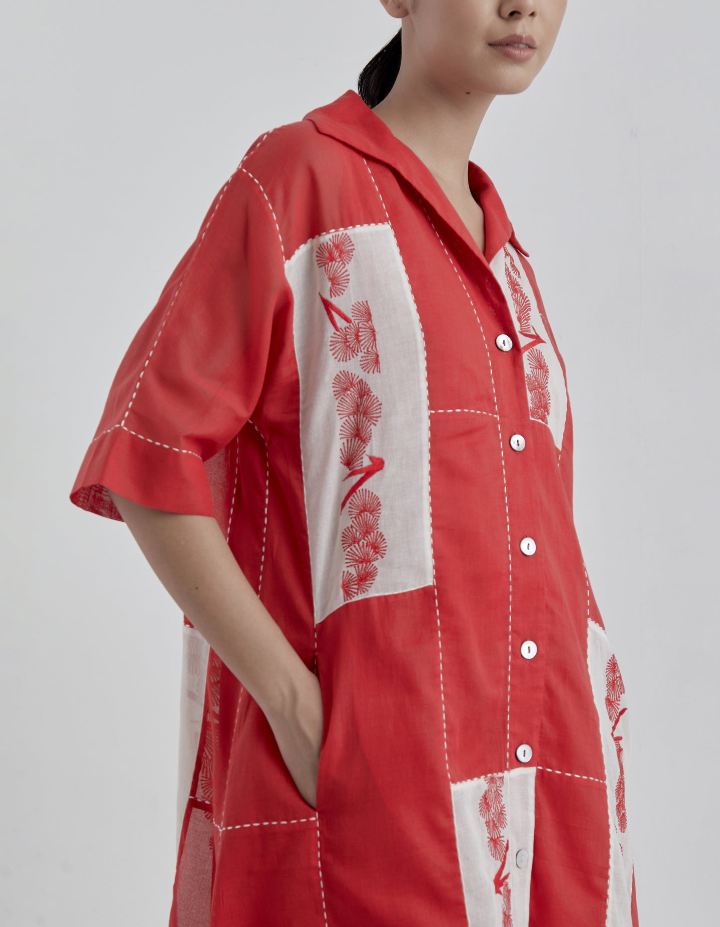 Crimson Ecru Contrast Flat Stitch Patchwork Dress