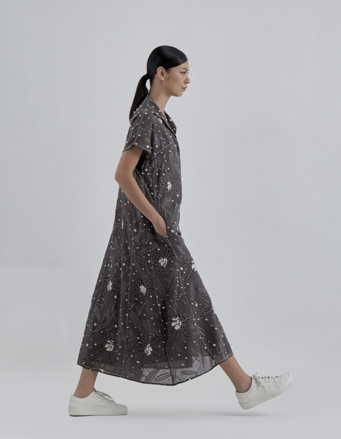 Taupe Cutwork and French Knot Dress