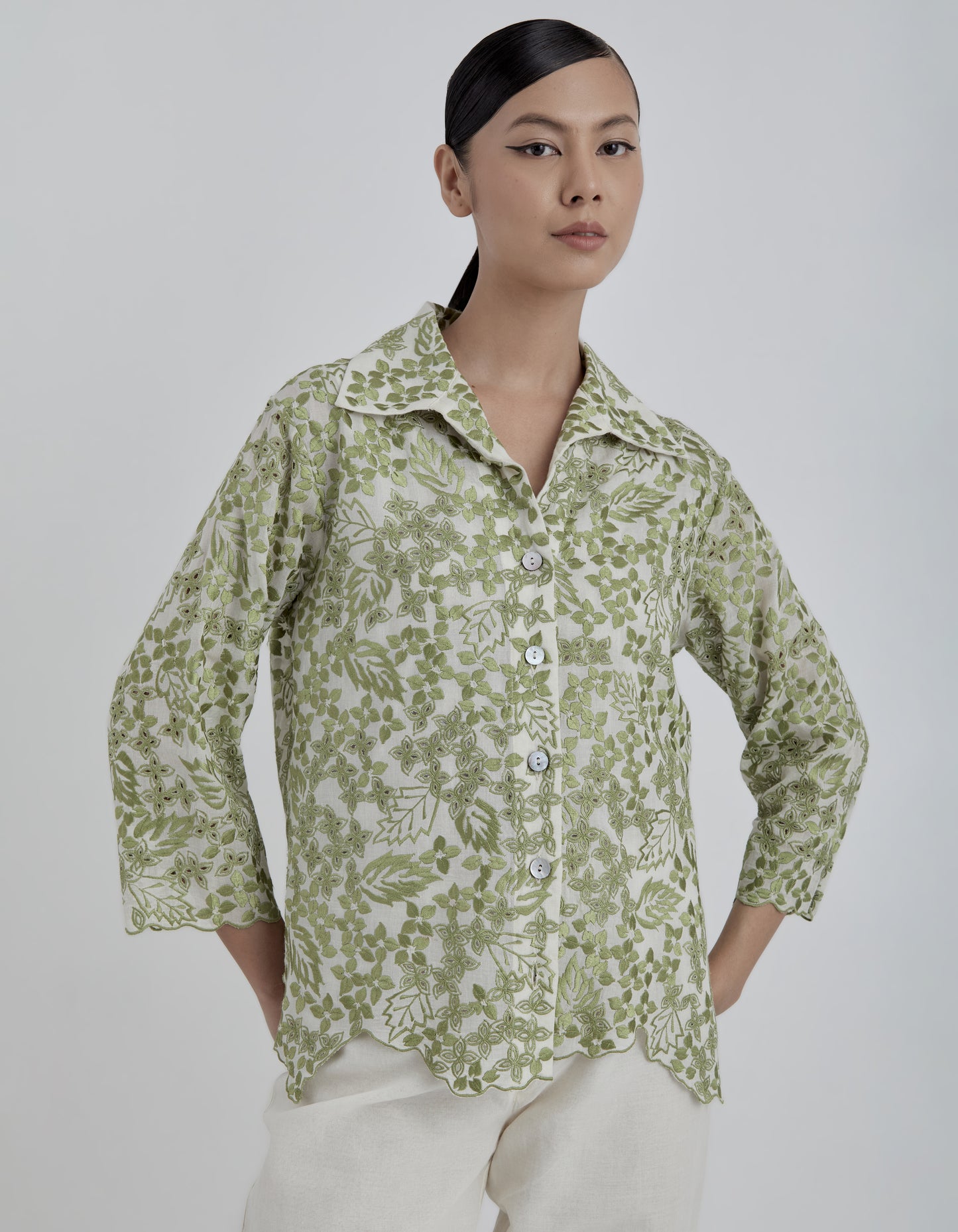 Ecru Damask Stitched Cutwork Top