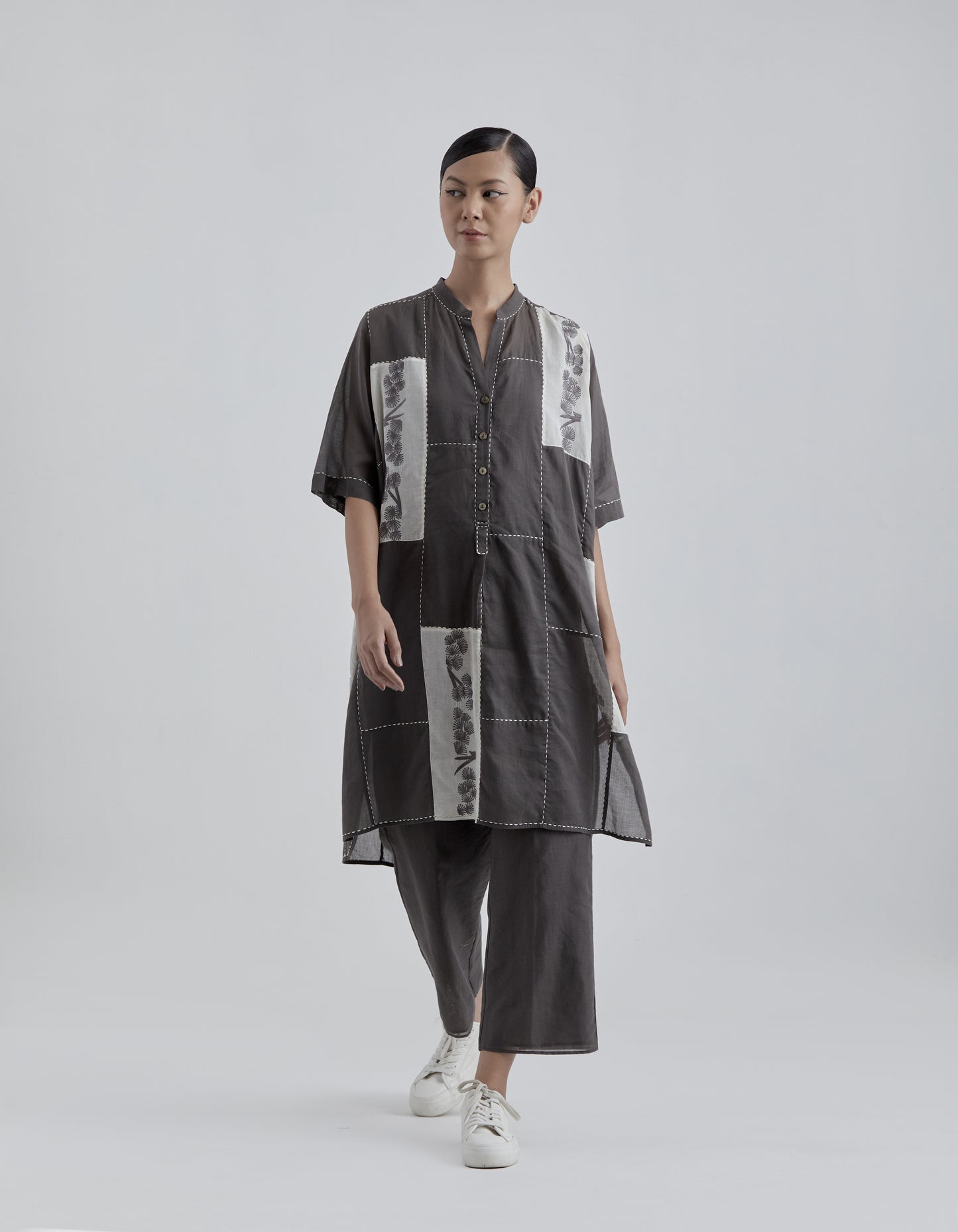 Taupe Ecru Contrast Flat Stitch Patchwork Tunic