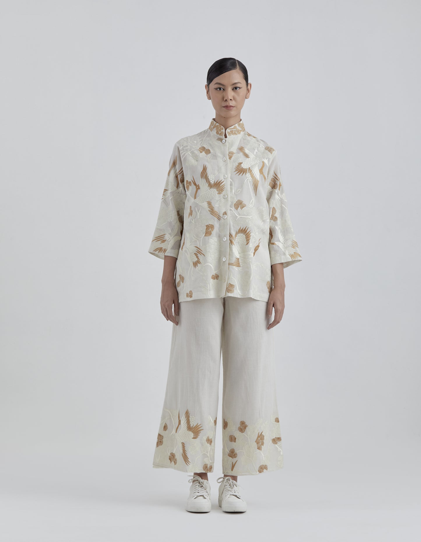 Ecru Bird Motif on Hem Pants