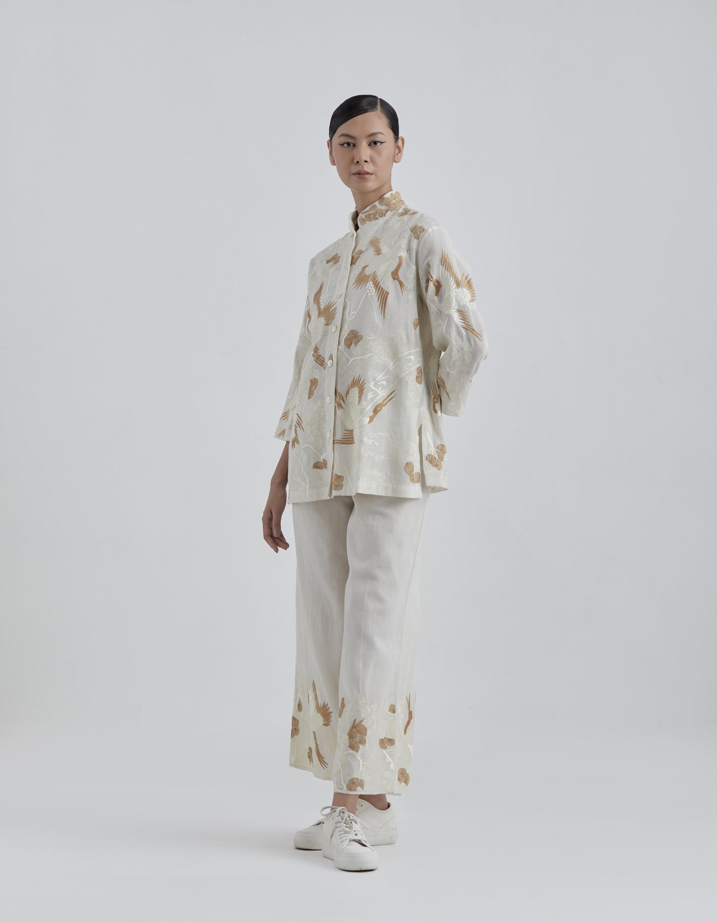 Ecru Bird Motif on Hem Pants