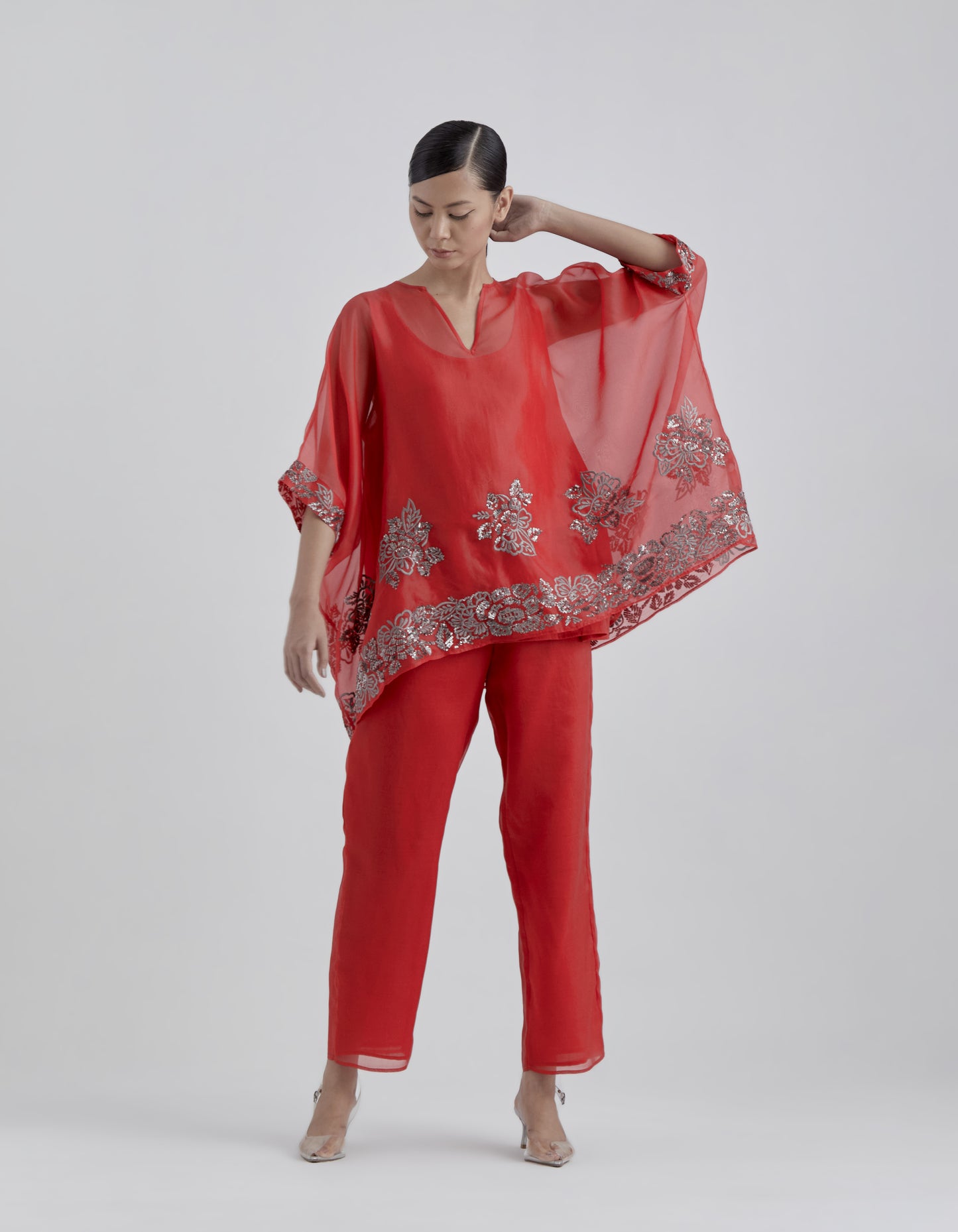 Crimson Hand Sequined Flat Stitch Top