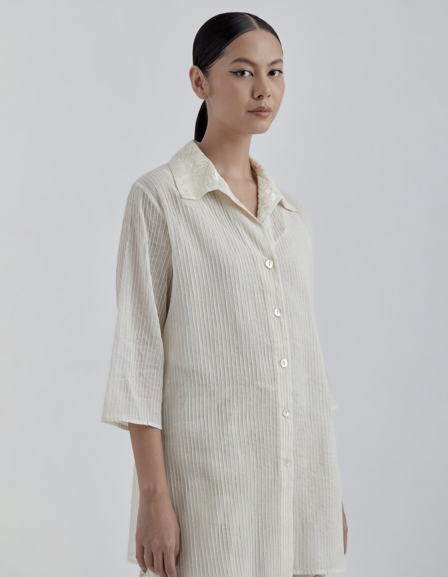 Ecru Hand Sequined Flat Stitch Shirt