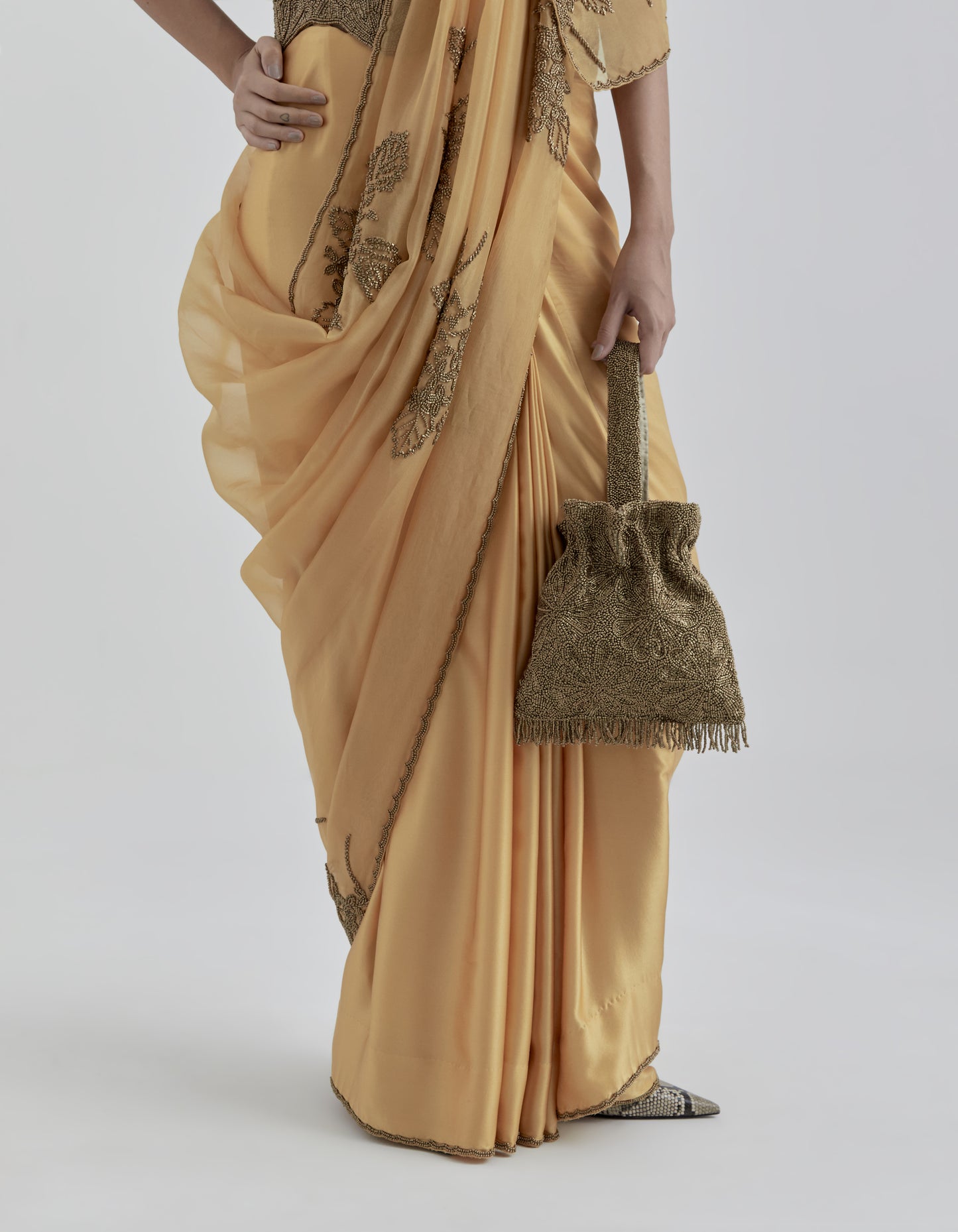 Saffron Hand Beaded Sari