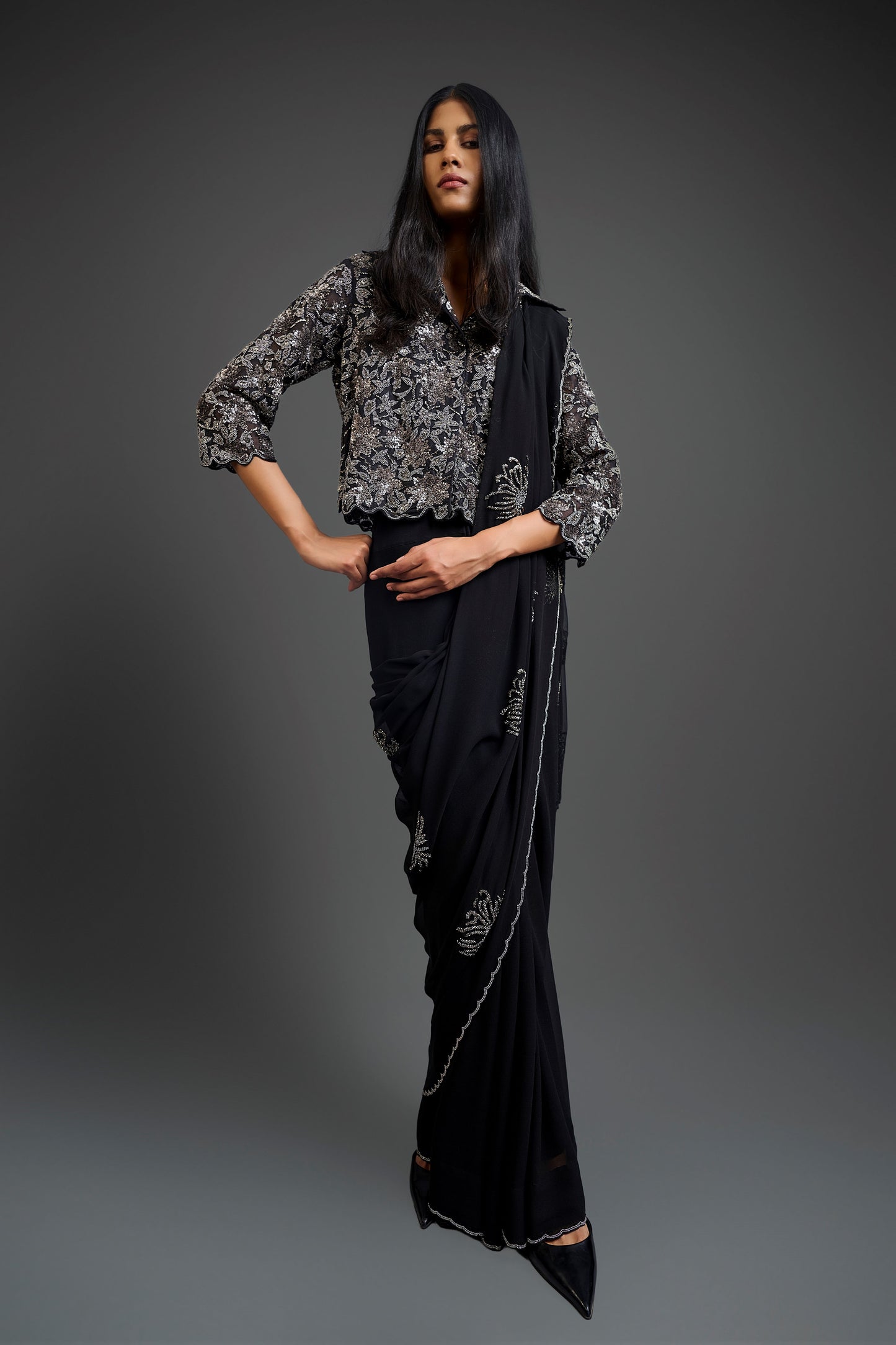 Black Hand Beaded Sari
