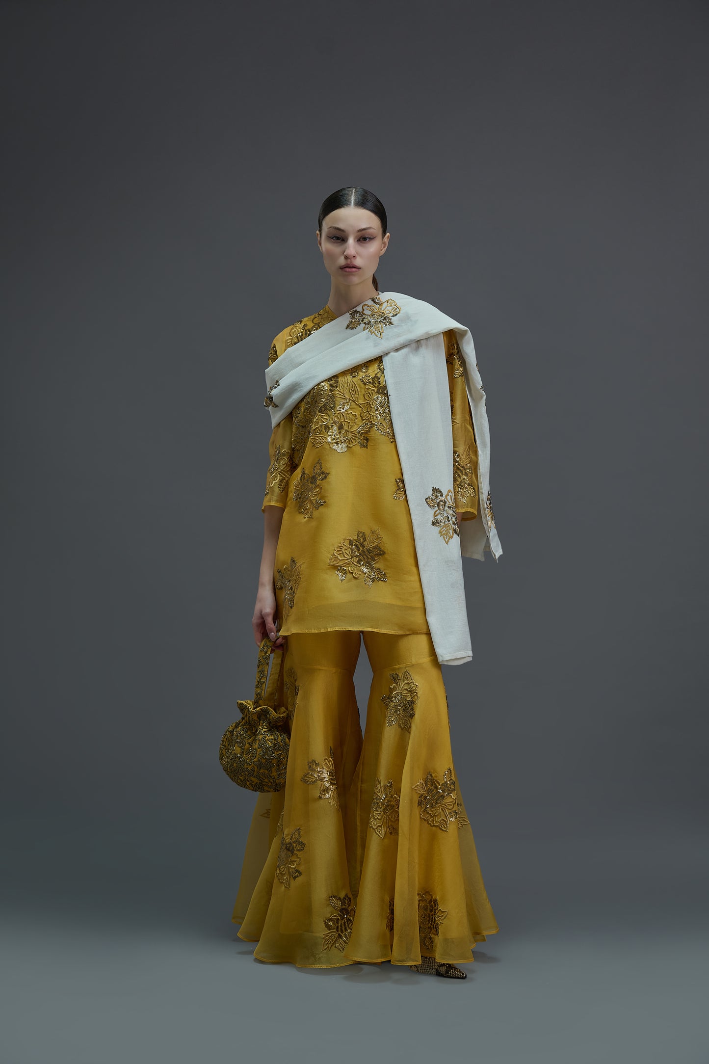 Ecru Hand Sequined Flat Stitch Dupatta