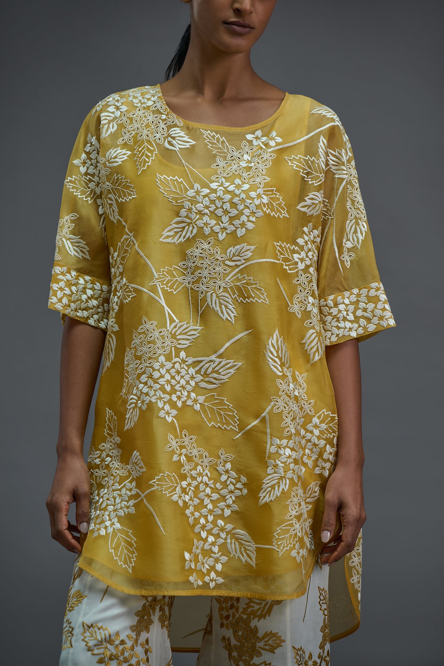 Saffron Damask Stitched Cutwork Tunic