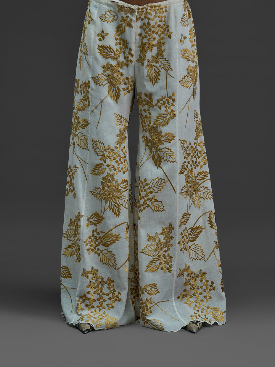 Ecru Damask Stitched Cutwork Palazzo