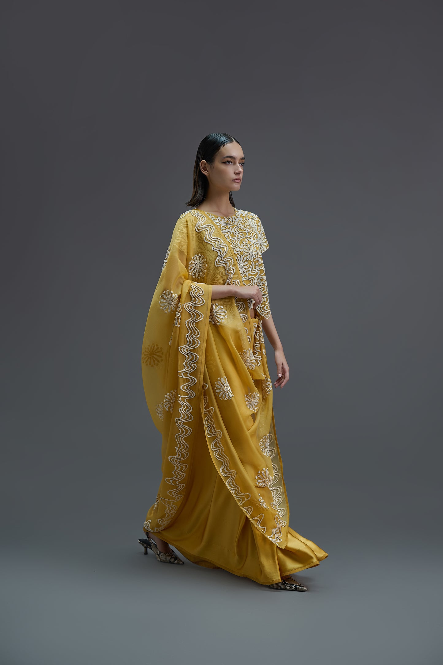 Saffron Hand Beaded Sari