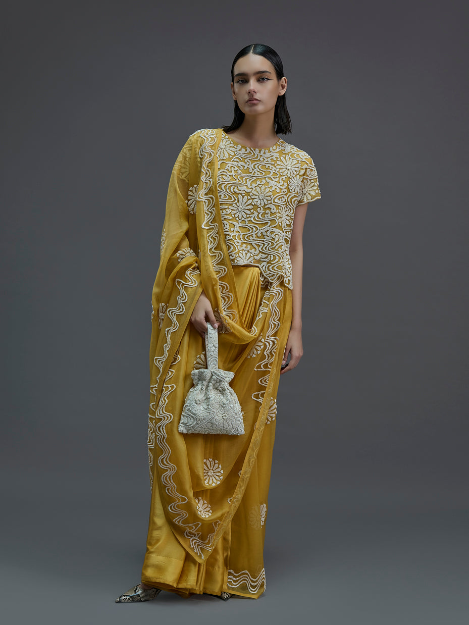 Saffron Hand Beaded Sari
