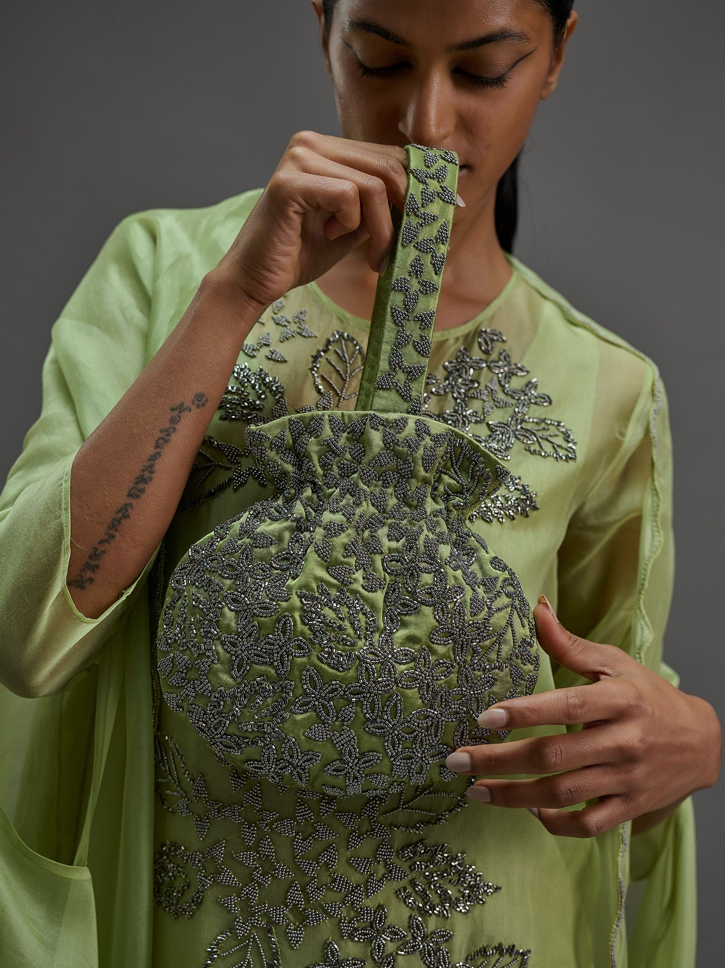 Grass Hand Beaded Round Handbag