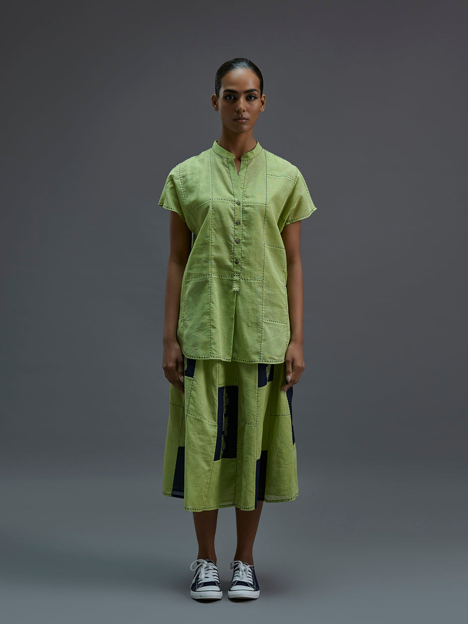 Grass Contrast Flat Stitch Patchwork Top