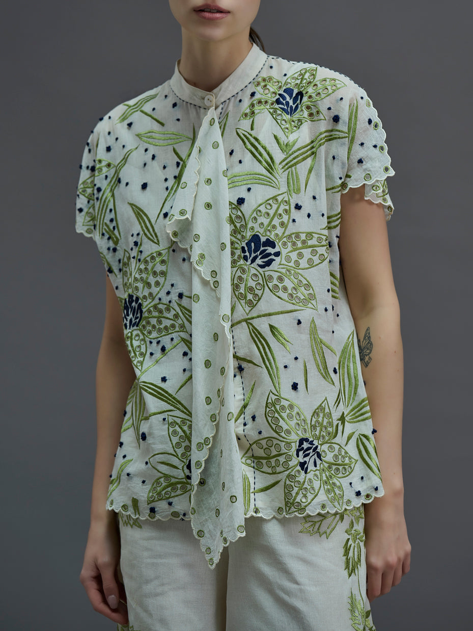 Ecru Cutwork and French Knot Top