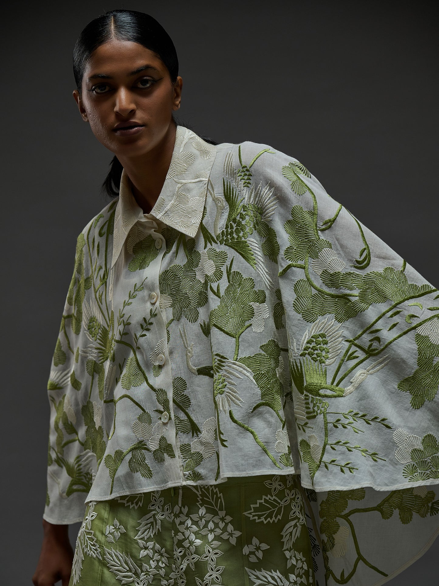 Ecru Bird Motif Cape Top