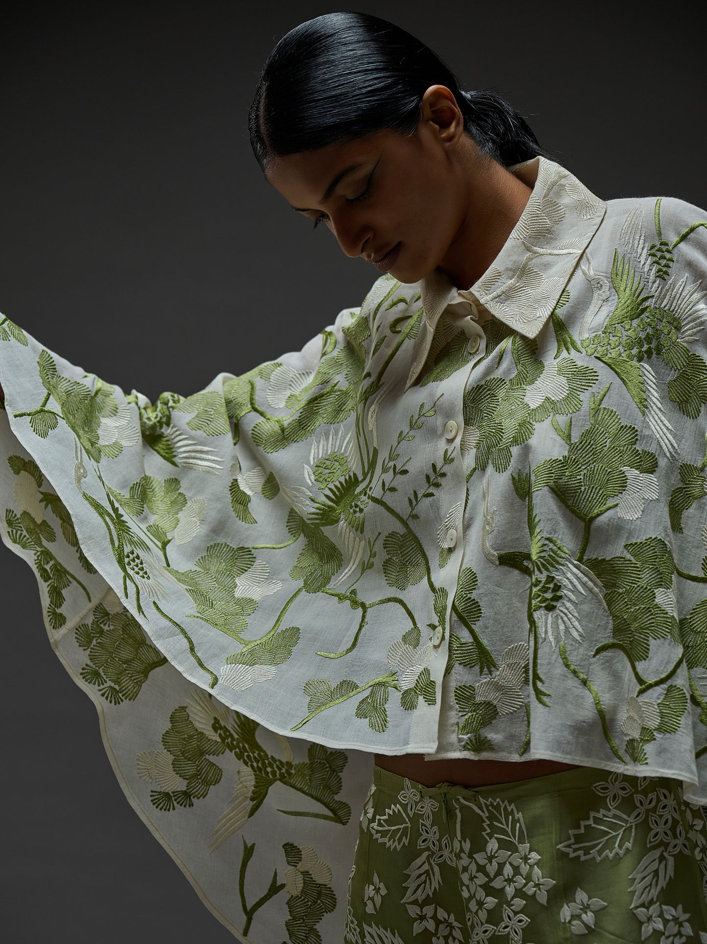 Ecru Bird Motif Cape Top