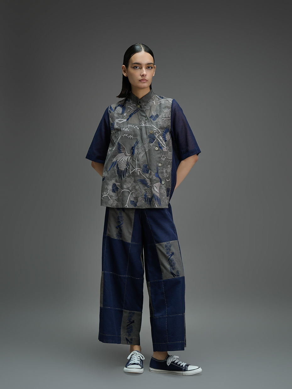 Indigo Contrast Flat Stitch Patchwork Pants