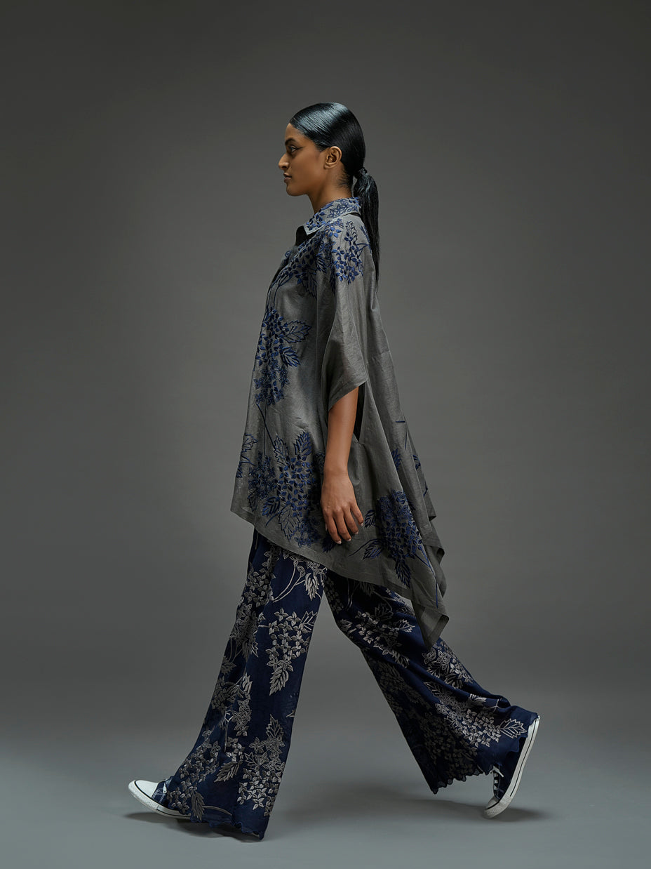 Indigo Damask Stitched Cutwork Palazzo
