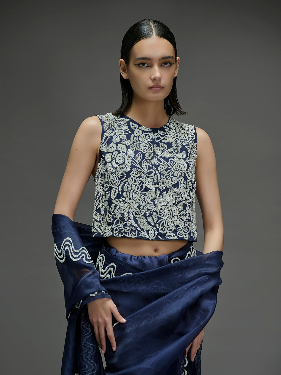 Indigo Hand Sequined Flat Stitch Blouse