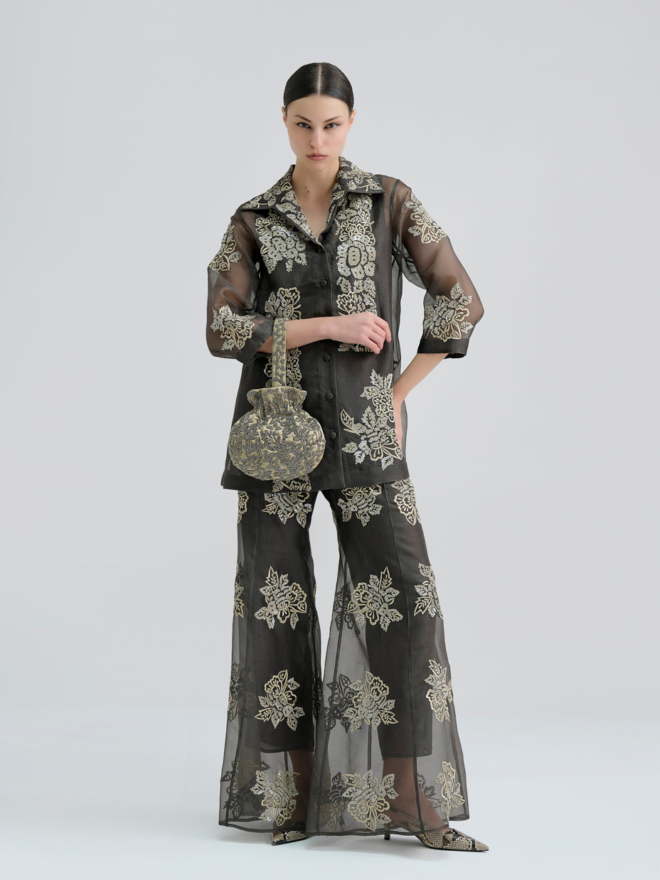 Taupe Hand Sequined Flat Stitch Palazzo