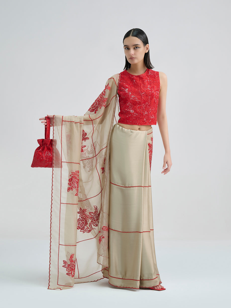 Natural Hand Sequined Flat Stitch Sari