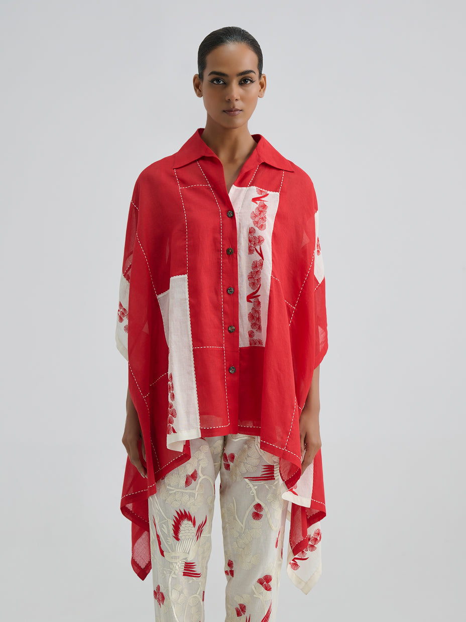 Crimson Contrast Flat Stitch Patchwork Cape