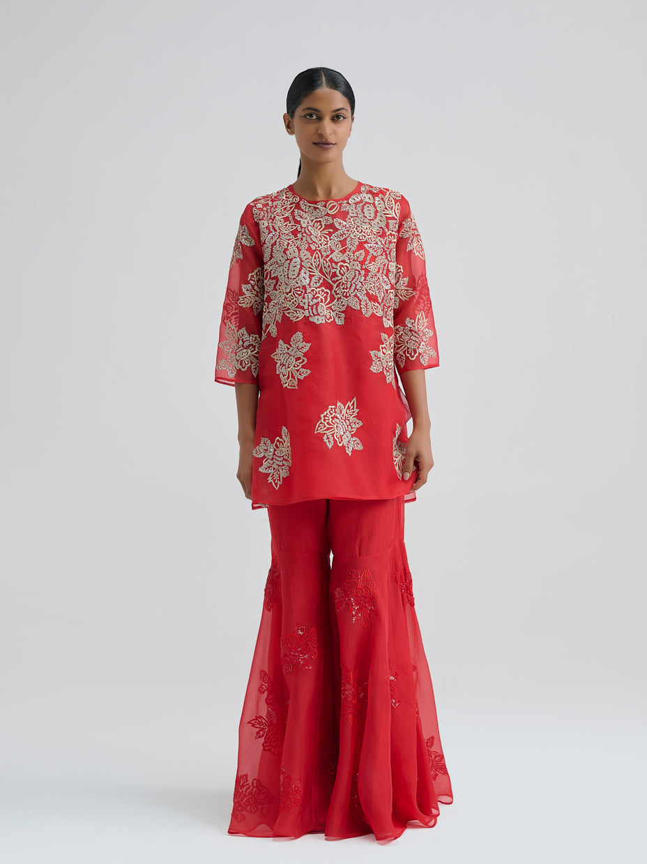 Crimson Hand Sequined Flat Stitch Top