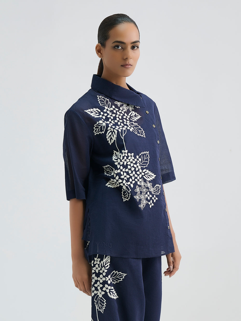 Indigo Damask Stitched Cutwork Top