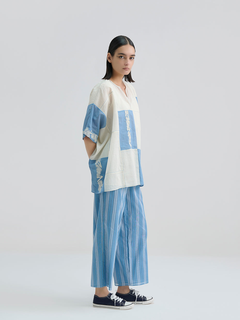 Ecru Contrast Flat Stitch Patchwork Top