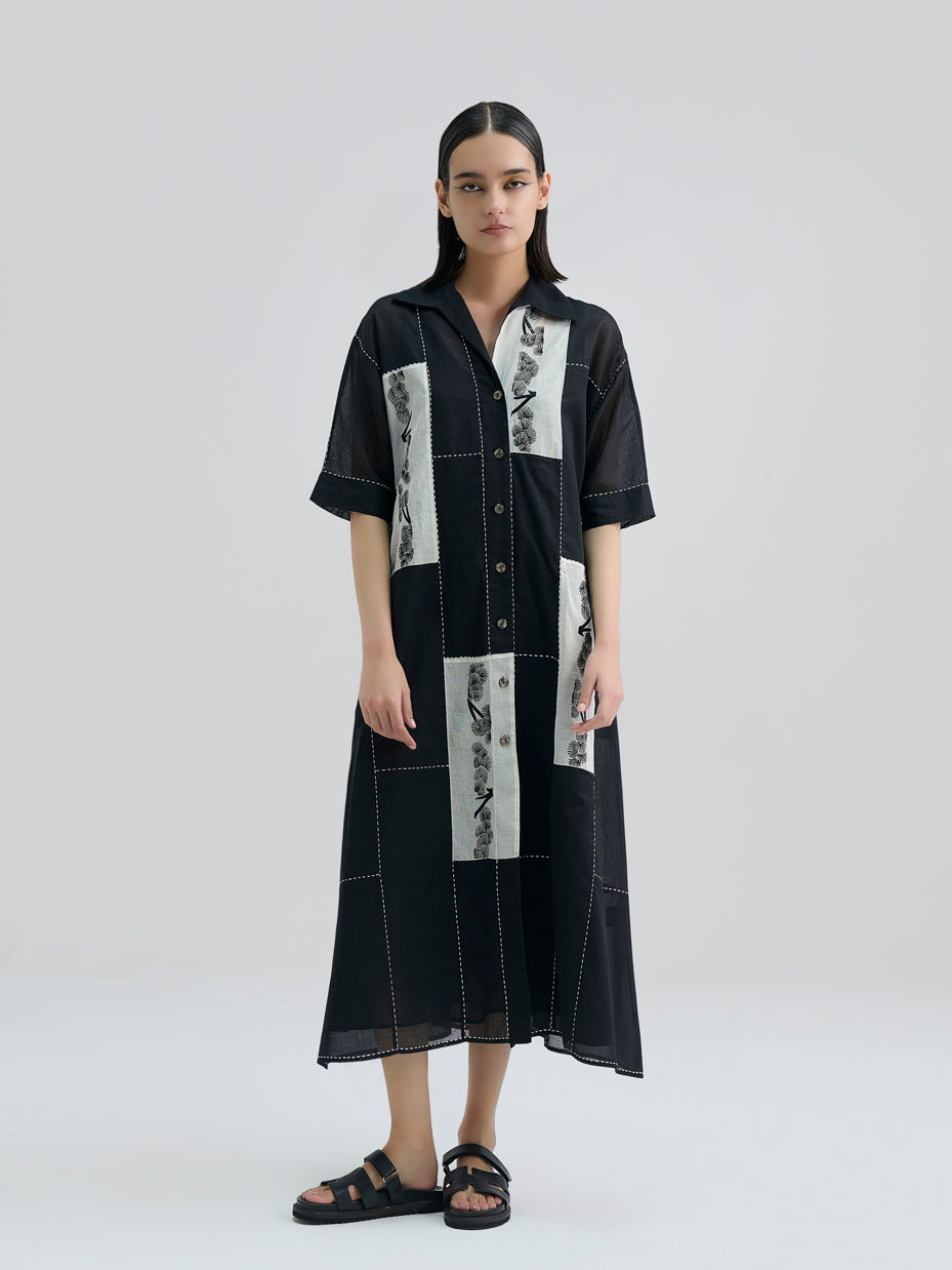 Black Contrast Flat Stitch Patchwork Dress