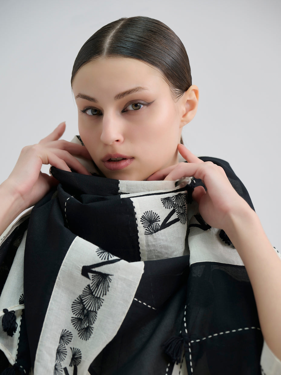 Black Contrast Flat Stitch Patchwork Scarf