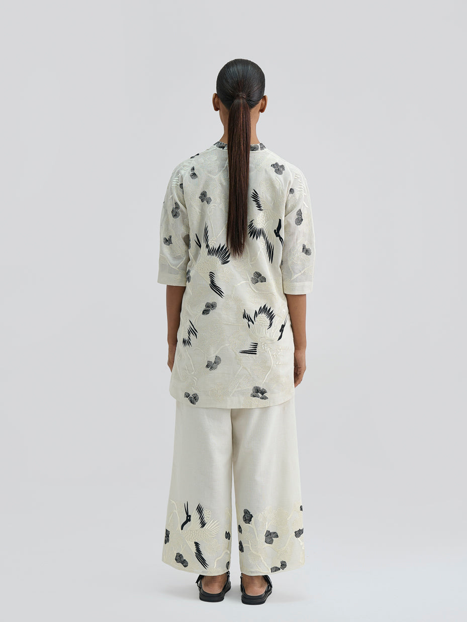 Ecru Bird Motif on Hem Pants
