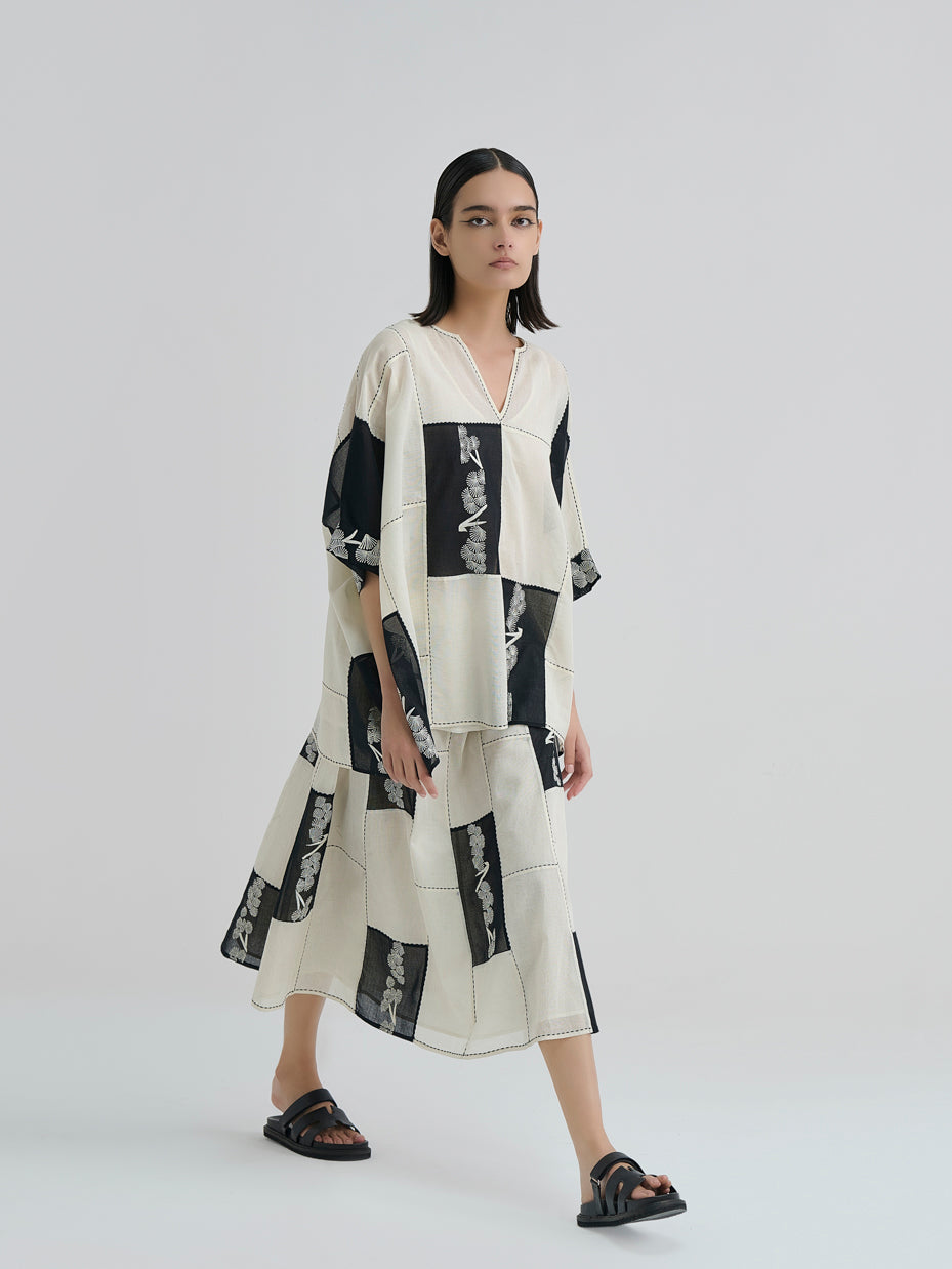 Ecru Contrast Flat Stitch Patchwork Top