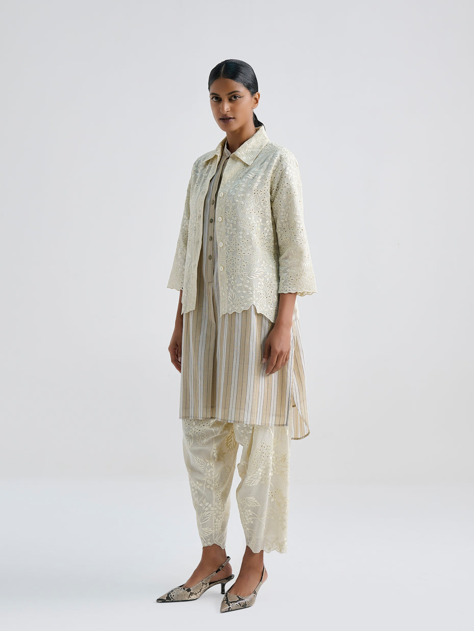 Ecru Damask Stitched Cutwork Top