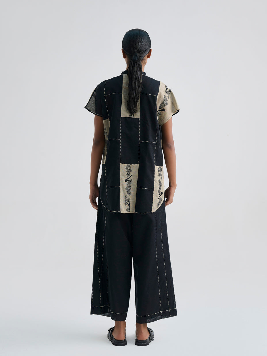 Black Contrast Flat Stitch Patchwork Top