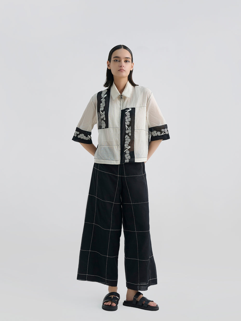 Ecru Contrast Flat Stitch Patchwork Jacket