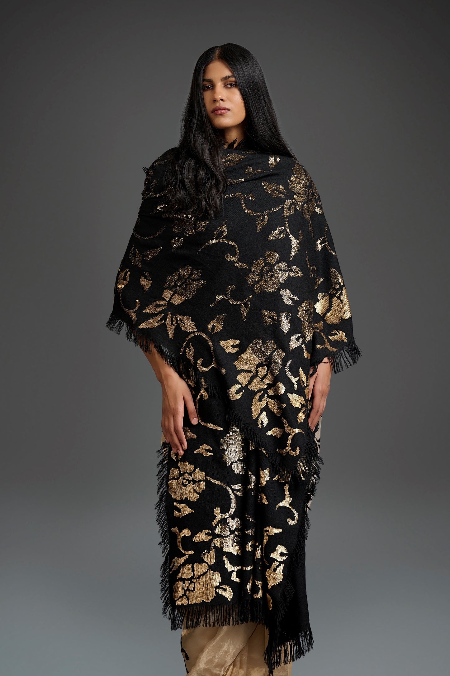 Black Wool Shawl with Gold Sequin Work