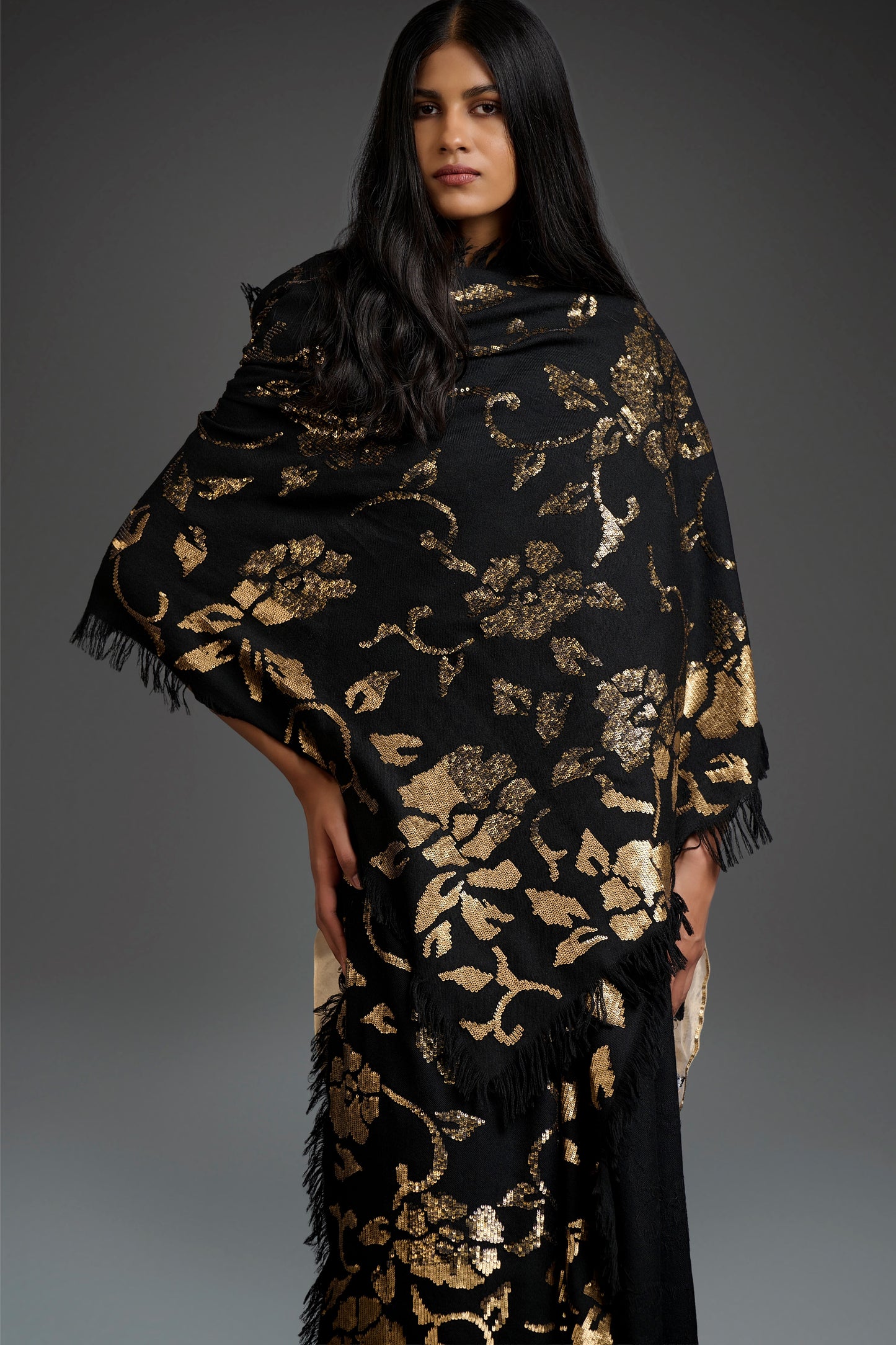 Black Wool Shawl with Gold Sequin Work