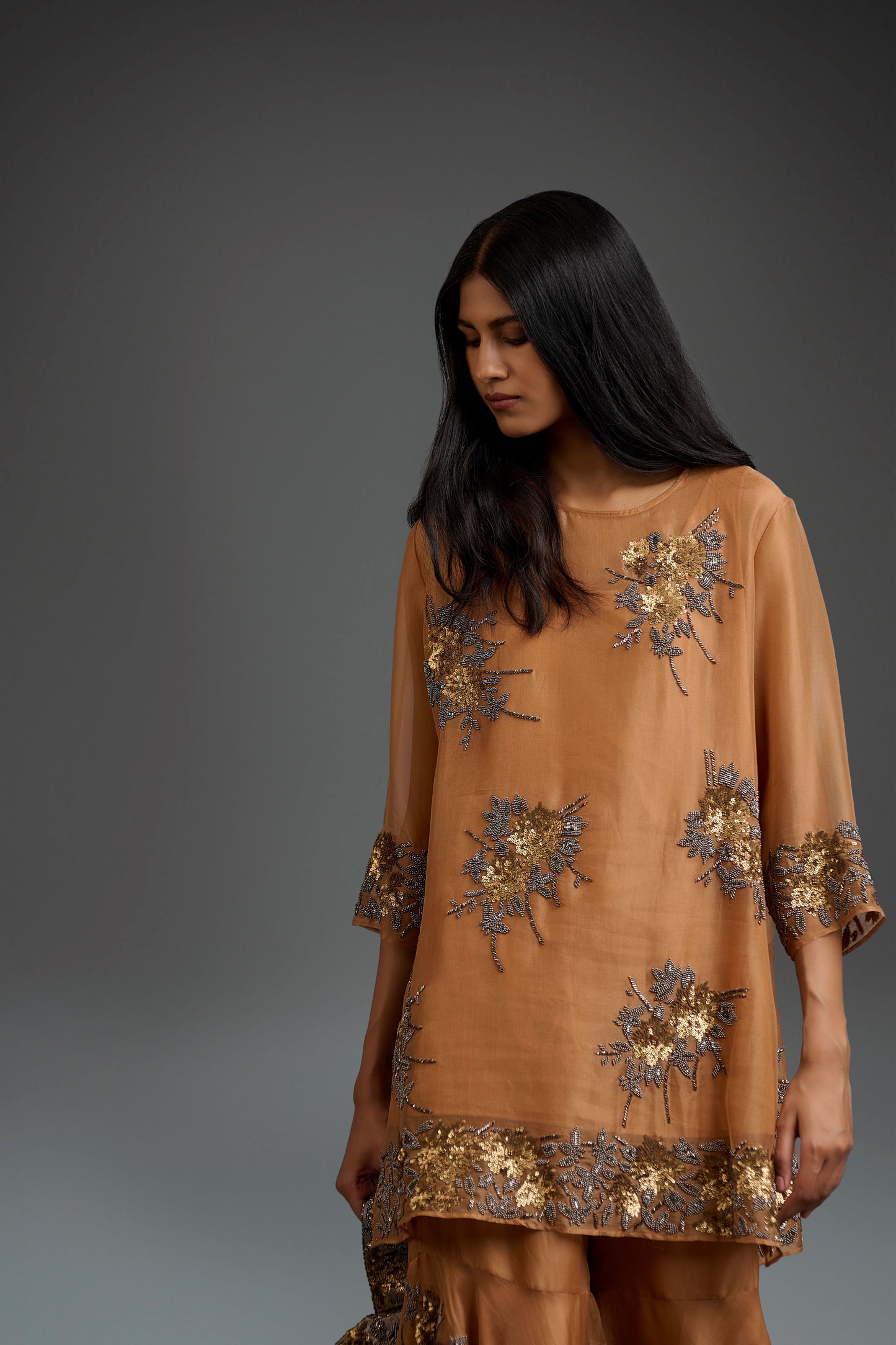 Apricot Hand Sequined Hand Beaded Top