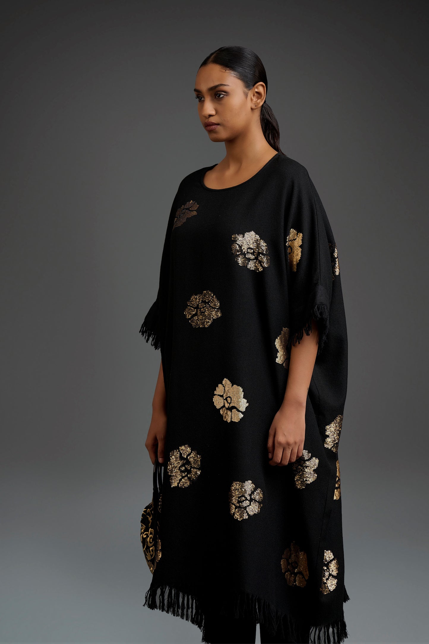 Black Wool Kaftan with Gold Sequins