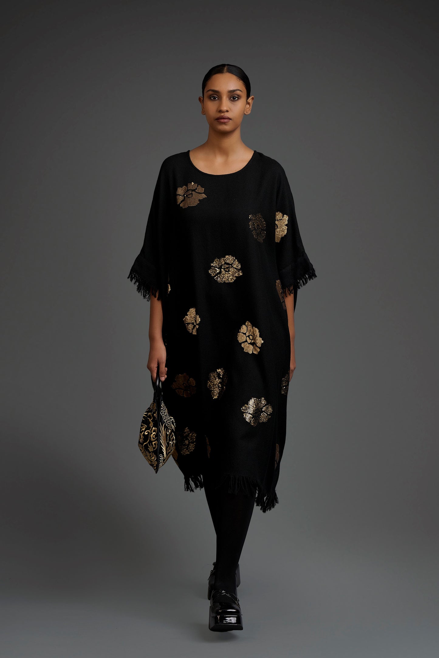 Black Wool Kaftan with Gold Sequins