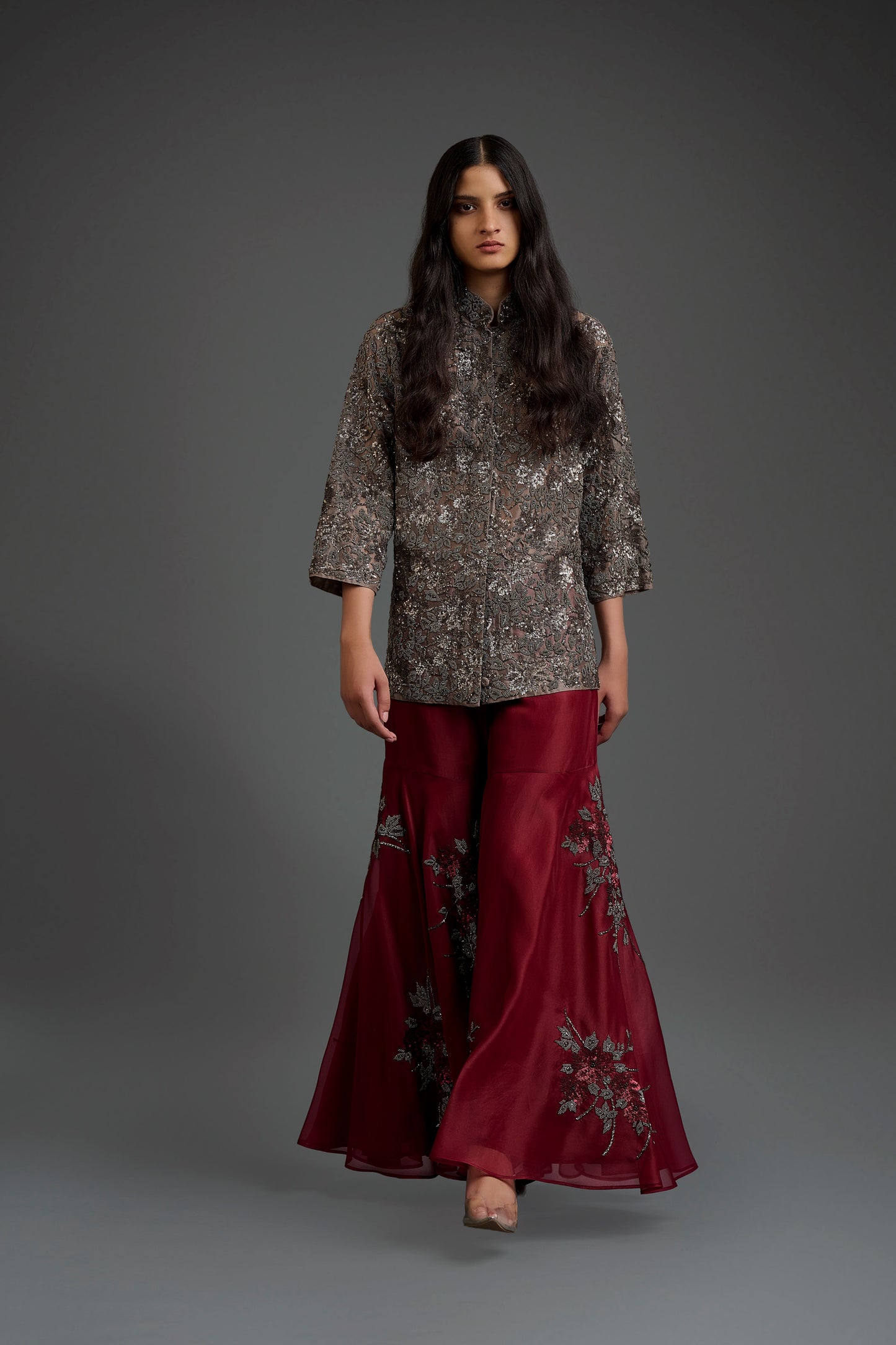 Cherry Hand Beaded Sharara