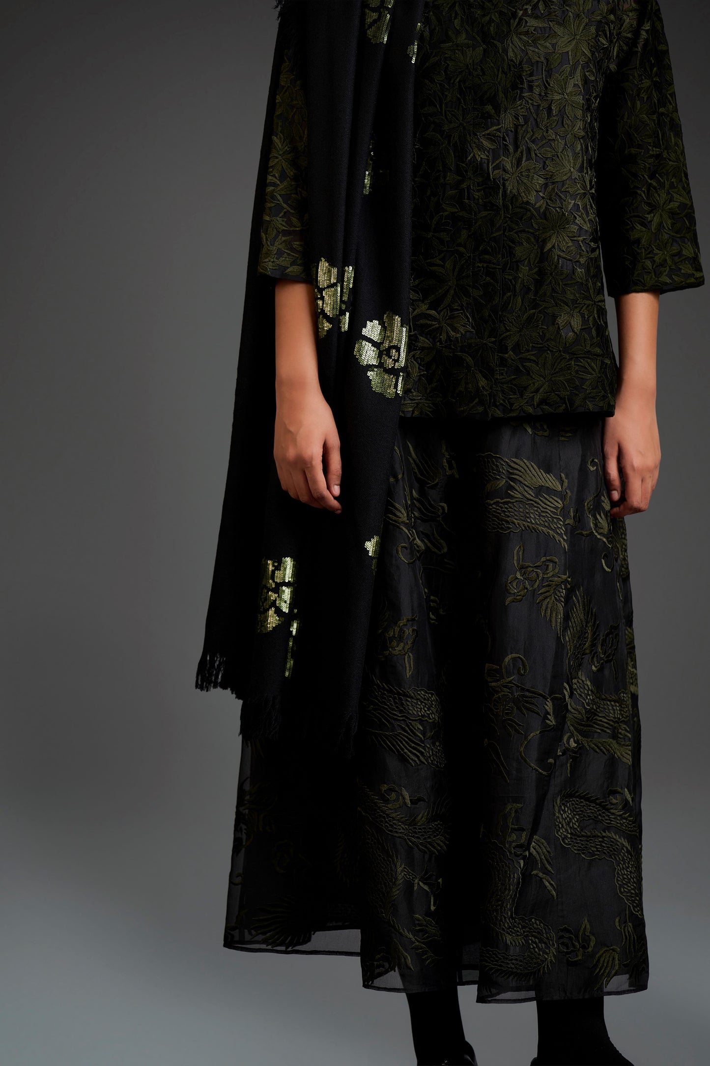 Black Wool Shawl with Forest Sequin Work