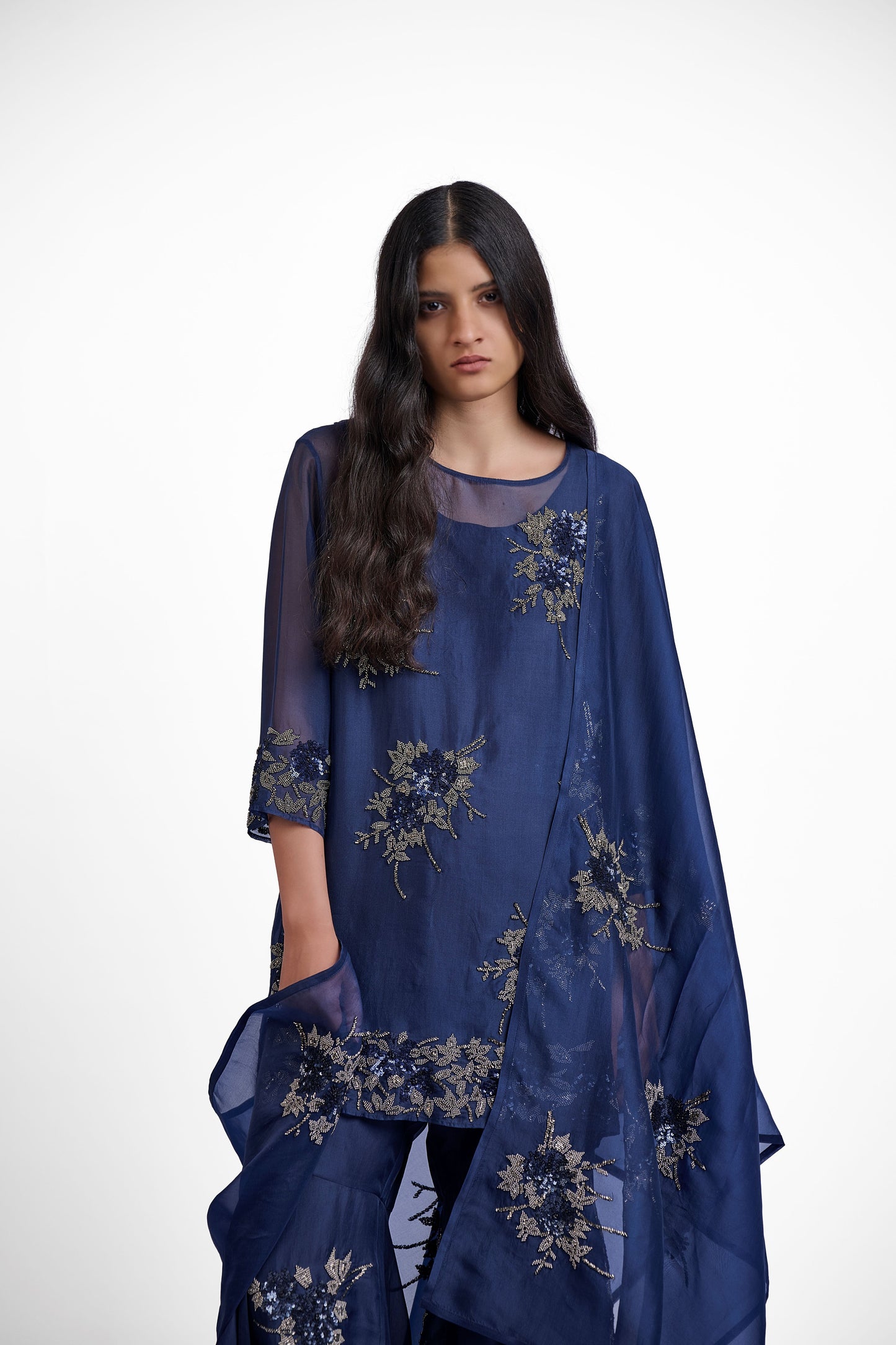 Navy Hand Sequined Hand Beaded Dupatta
