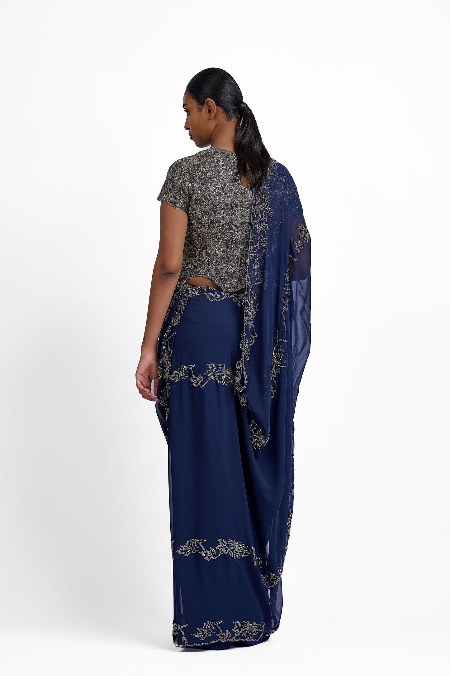 Navy Hand Beaded Sari