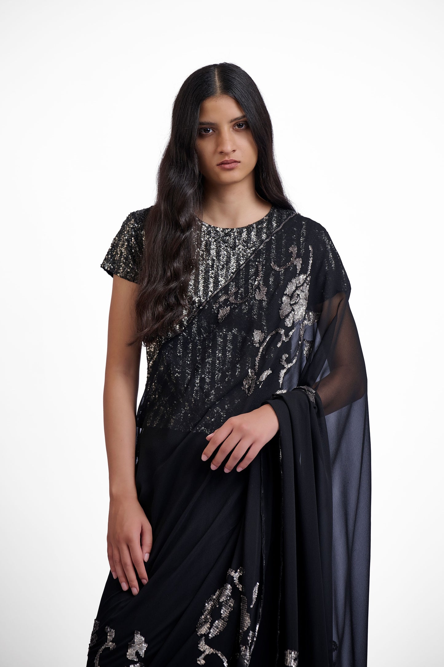 Black Hand Sequined Silk Georgette Sari