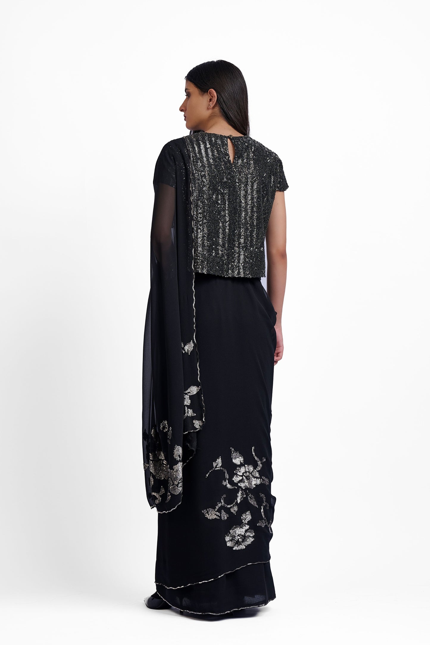 Black Hand Sequined Silk Georgette Sari