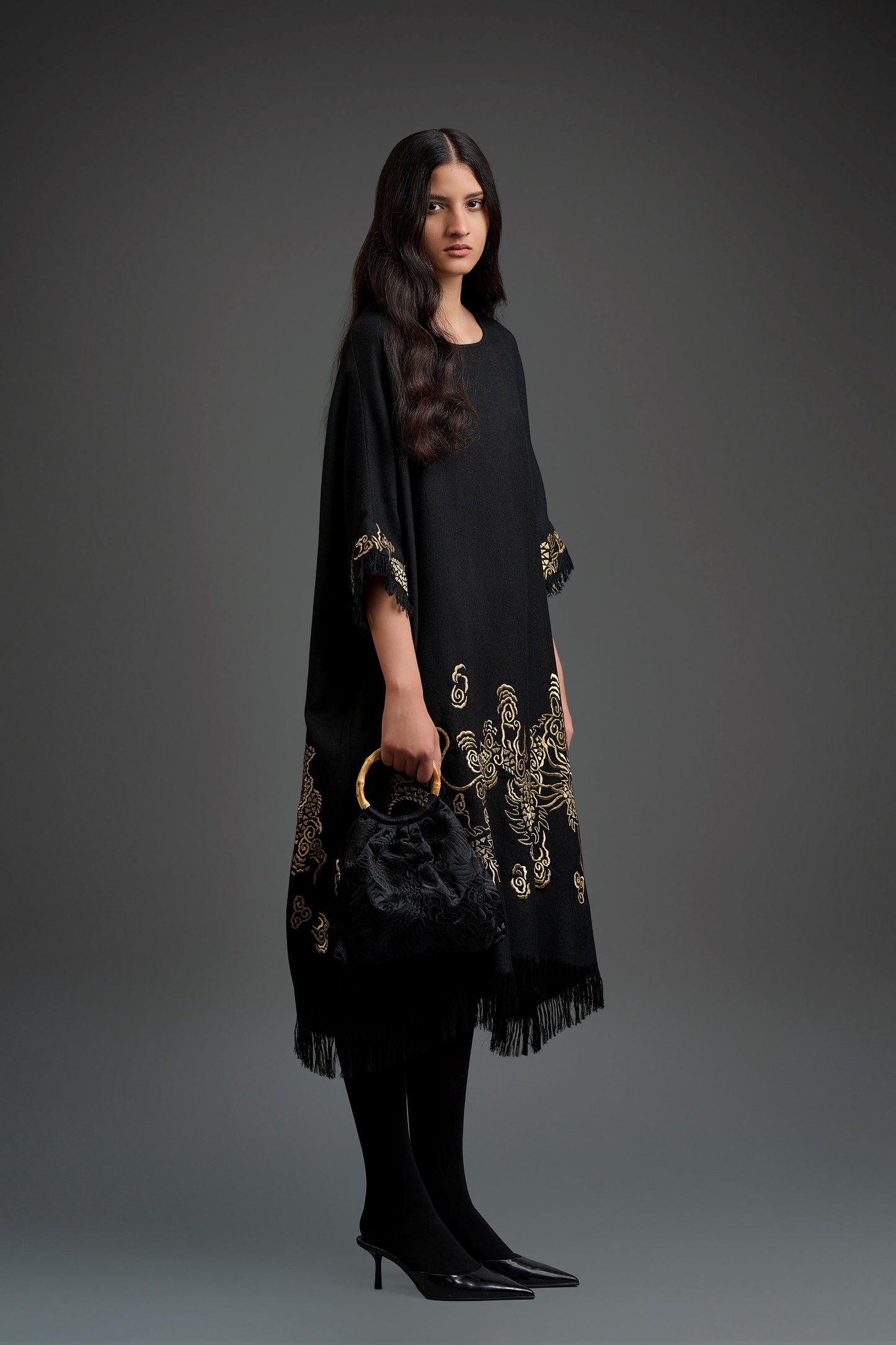 Black Wool Kaftan with Gold Flat Stitch